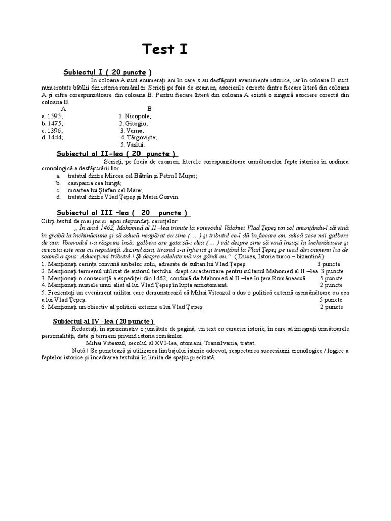 Teste - Domnitorii Romani | PDF