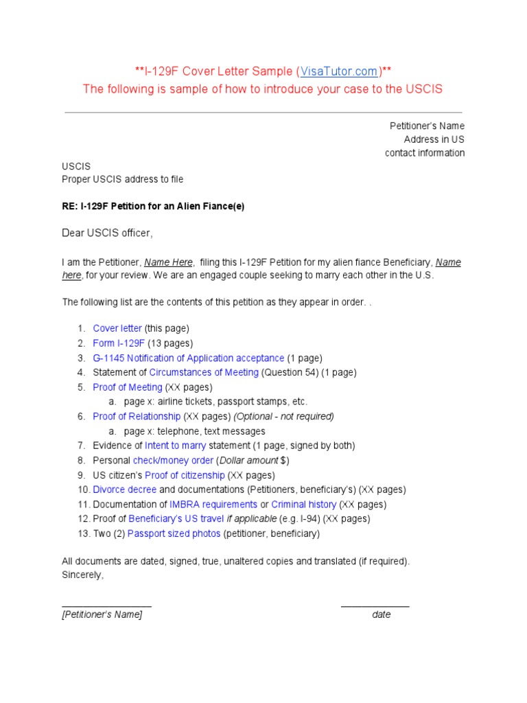 I129F Cover Letter Sample The Following Is Sample of How To Introduce