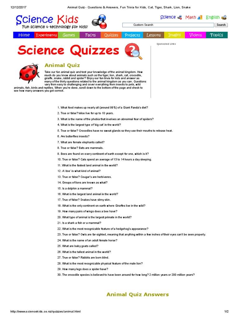 Animal Quiz Questions Answers Fun Trivia For Kids Pdf Mammals Cats