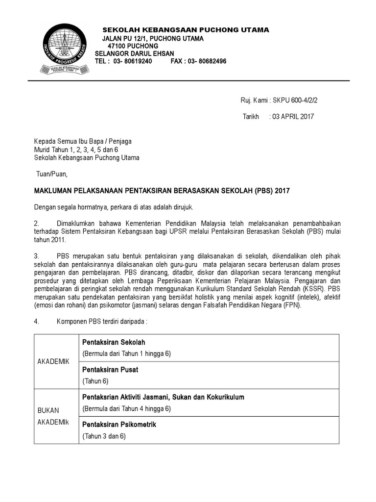 Surat Kepda Ibu Bapa Pelajar Tidak Hadir