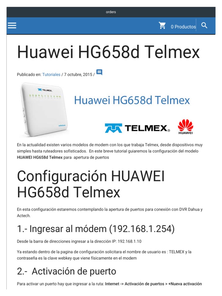 HUAWEI HG658d Telmex Configuracion Apertura de Puertos | PDF | Enrutador  (Computación) | Arquitectura de internet
