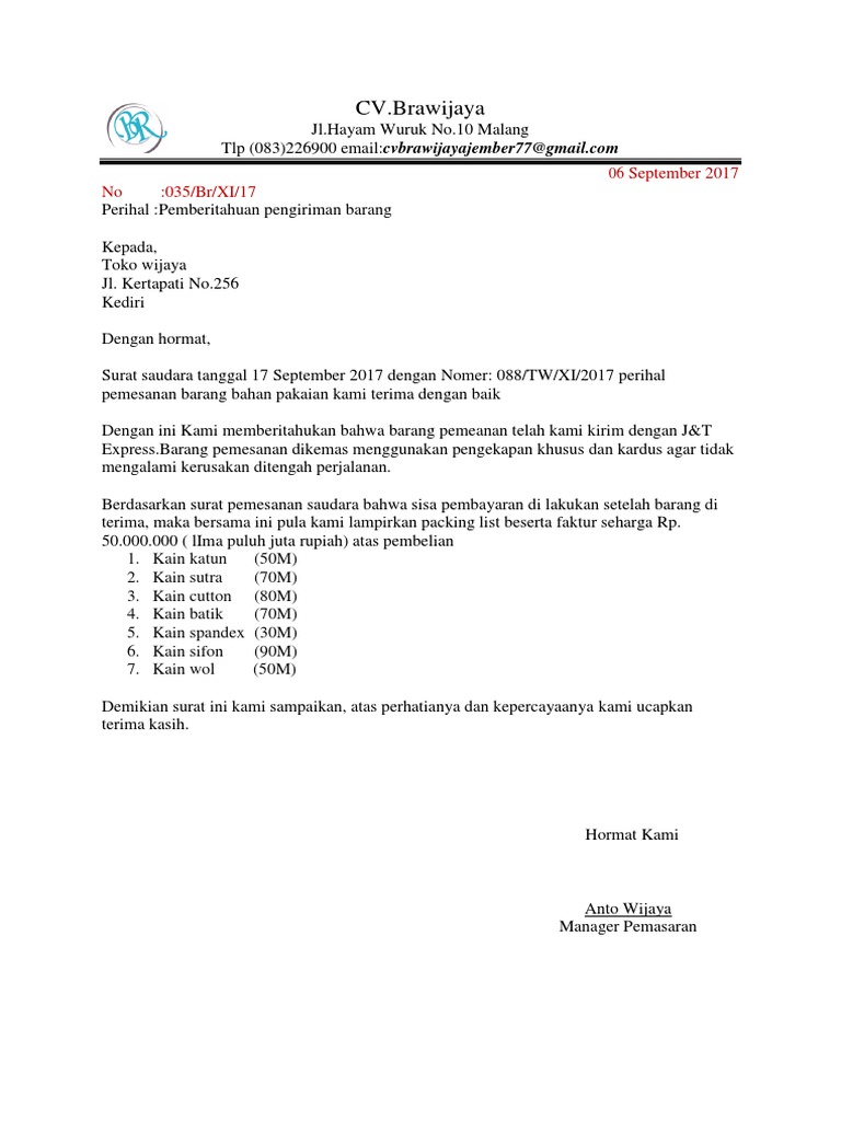 Surat Pemberitahuan Pengiriman Barang - SuratMenyurat.net