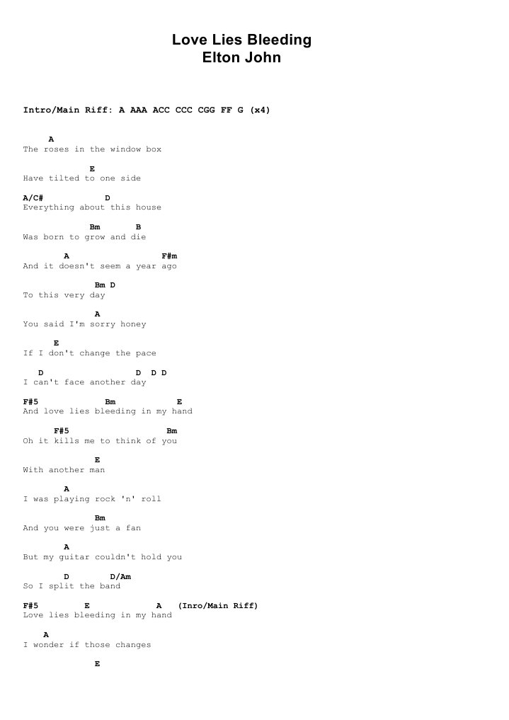 Love Lies Bleeding Lyrics and Chords PDF