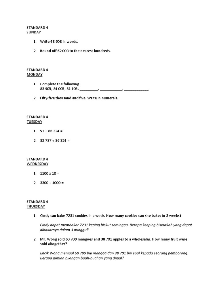 Standard 4 Math Exercises and Problems | PDF | Cooking, Food & Wine