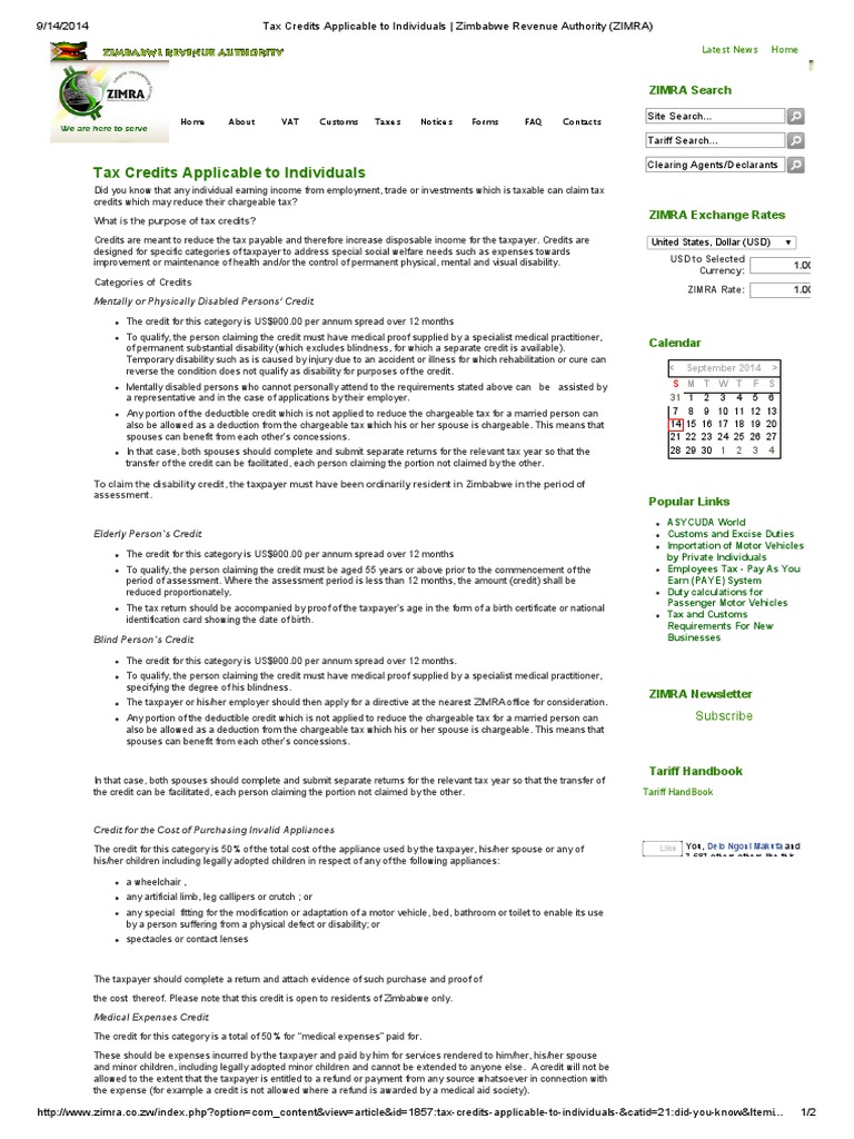 Tax Credits Applicable To Individuals Zimbabwe Revenue Authority
