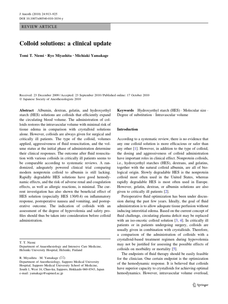 Colloid Solutions A Clinical Update PDF Renal Function Saline (Medicine)