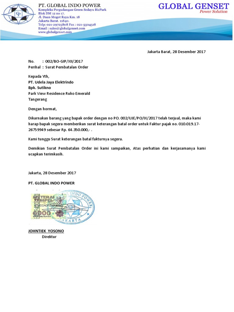 Surat Permintaan Batal Order