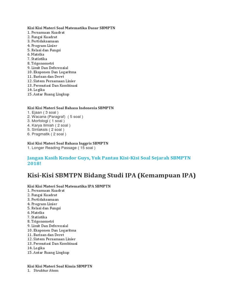 Kisi Kisi Materi Soal Matematika Dasar Sbmptn
