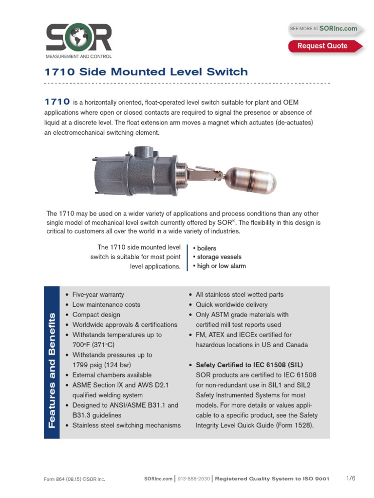 1710 Side Mounted Level Switch Cat864 | PDF | Switch | Pipe (Fluid ...
