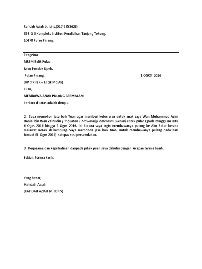Surat Pulang Bermalam Pdf
