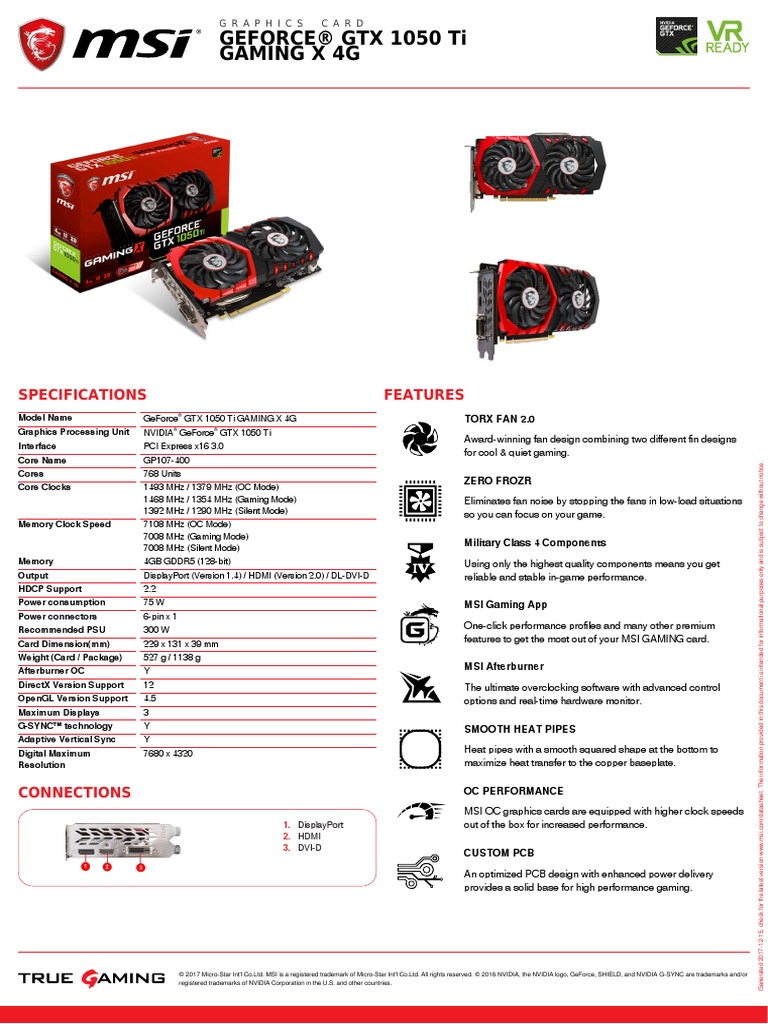 Msi Geforce Gtx 1050 Ti Gaming x 4g Datasheet | Hdmi | Ibm Pc Compatibles