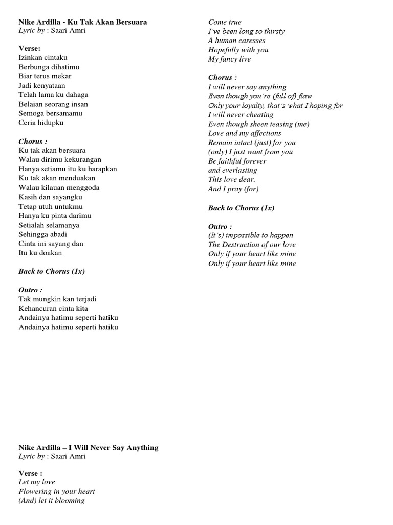 Song Lyric Ku Tak Akan Bersuara Nike Ardilla Translated In English Pdf