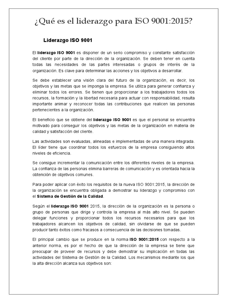 Qué Es El Liderazgo para ISO 9001 | PDF | Calidad (comercial) | Gestión ...