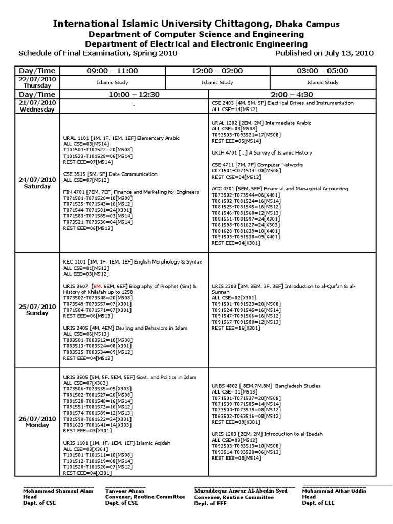 Spring 2010 Exam Schedule IIUC | PDF | Electrical Engineering | Engineering