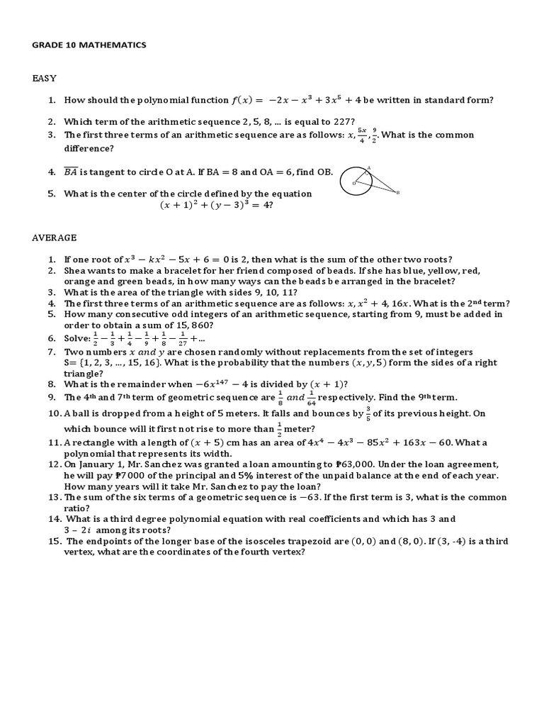 Grade 10 Math Competition Problems and Answer Key Area Abstract Algebra