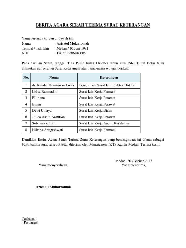 Berita Acara Serah Terima Surat Keterangan
