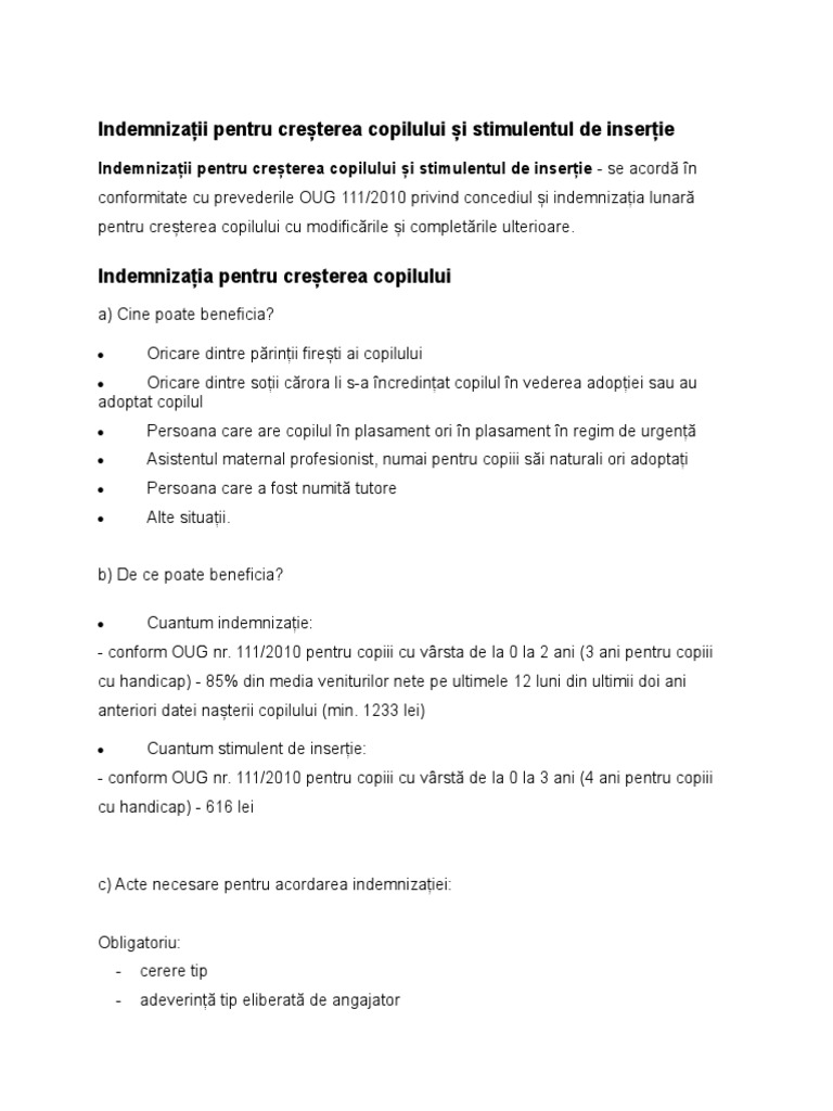 Acte Indemnizatie Pentru Cresterea Copilului Si Stimulent De Insertie 1