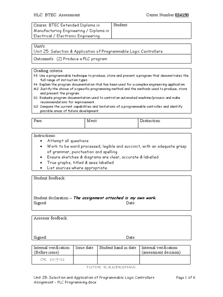 Assignment - PLC Programming | Programmable Logic Controller