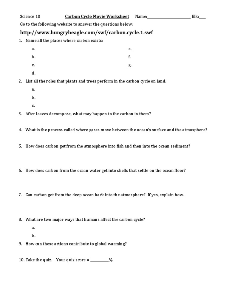 Carbon Cycle Worksheet and Quiz | PDF | Carbon Cycle | Carbon