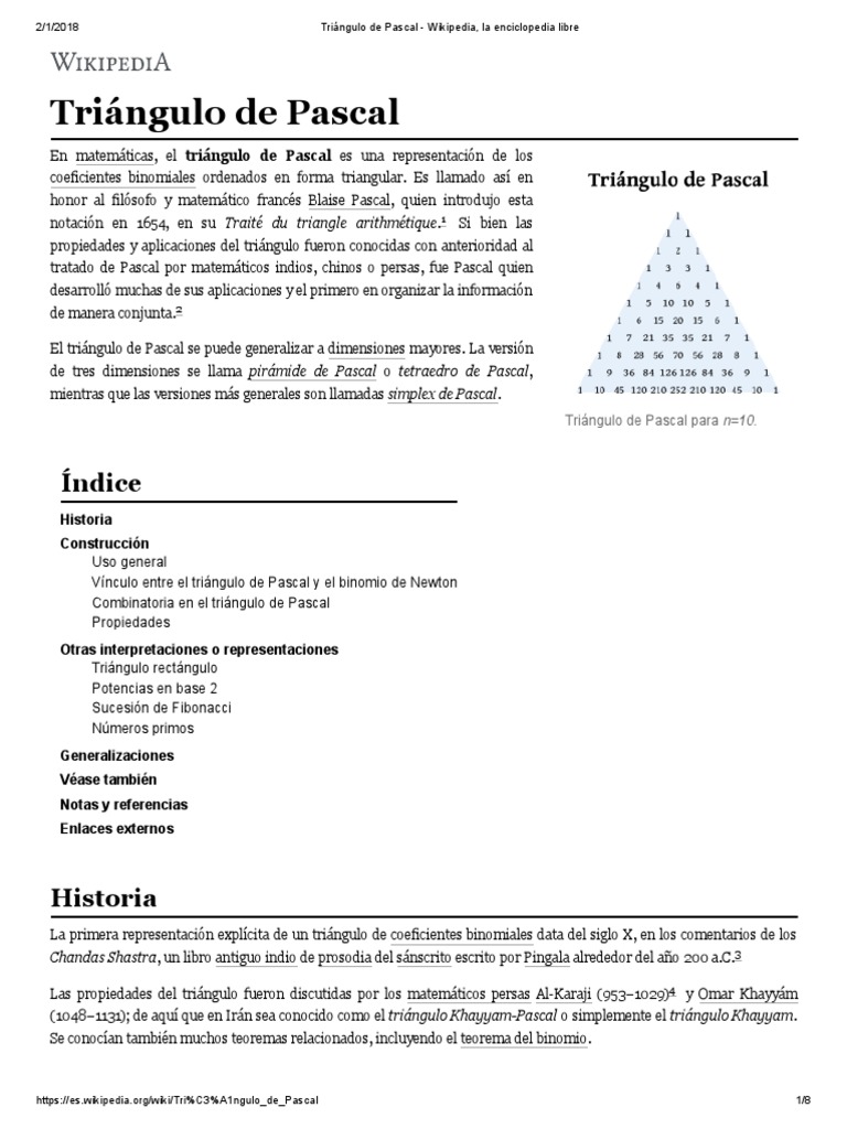 Triángulo De Pascal Pdf Combinatoria Matemática Elemental