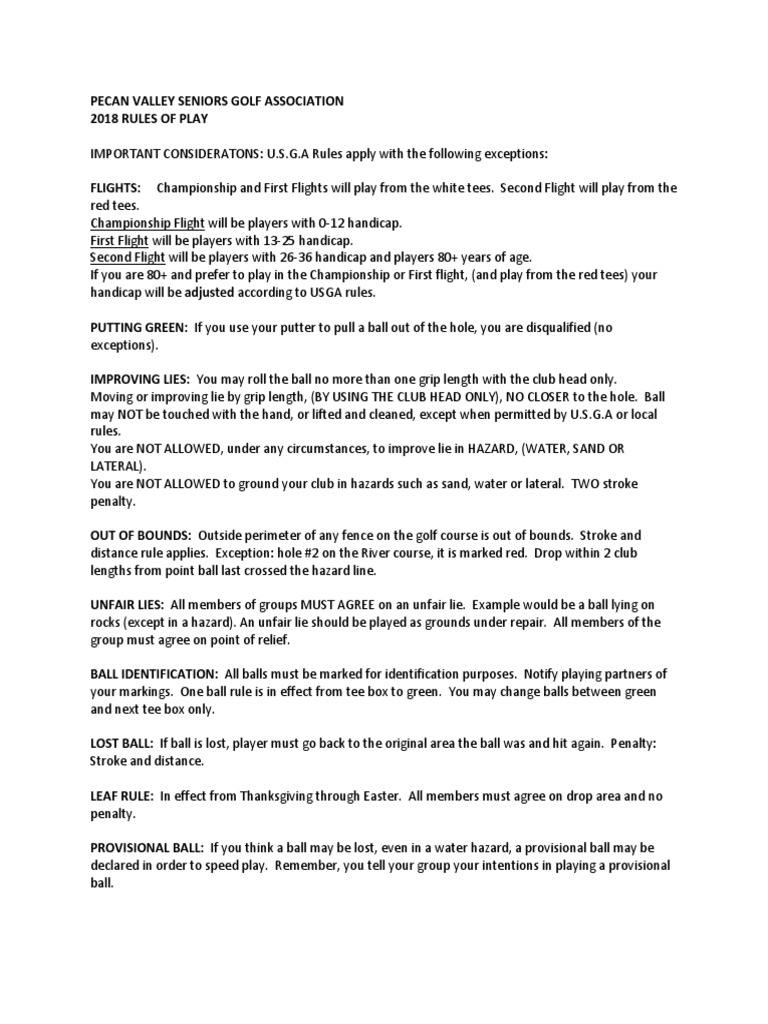 Pecan Valley Seniors Golf Association Rules PDF Golf Course Ball