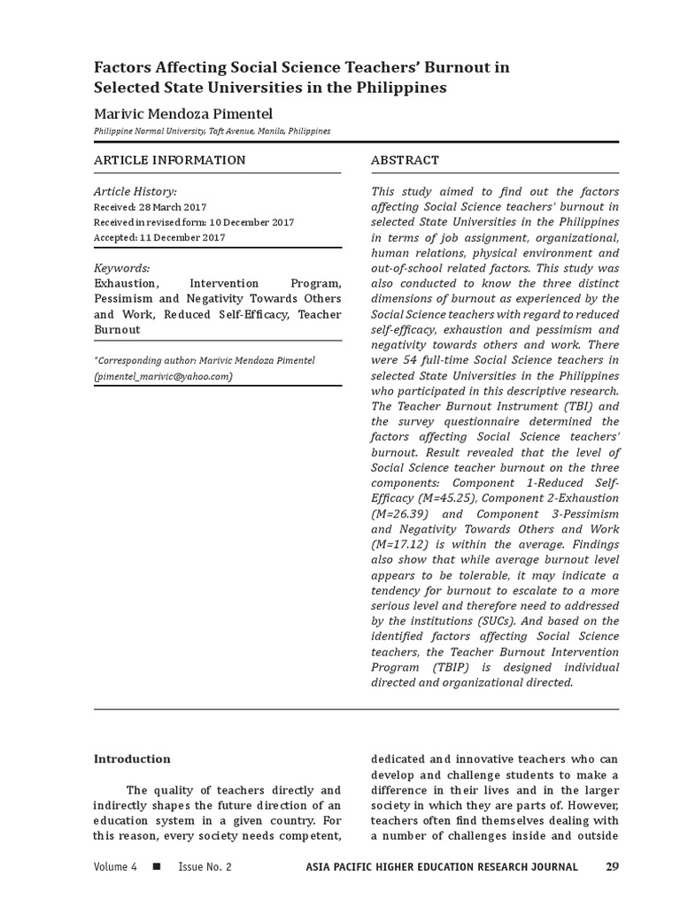 Social Science Teacher Burnout Factors | PDF | Occupational Burnout ...