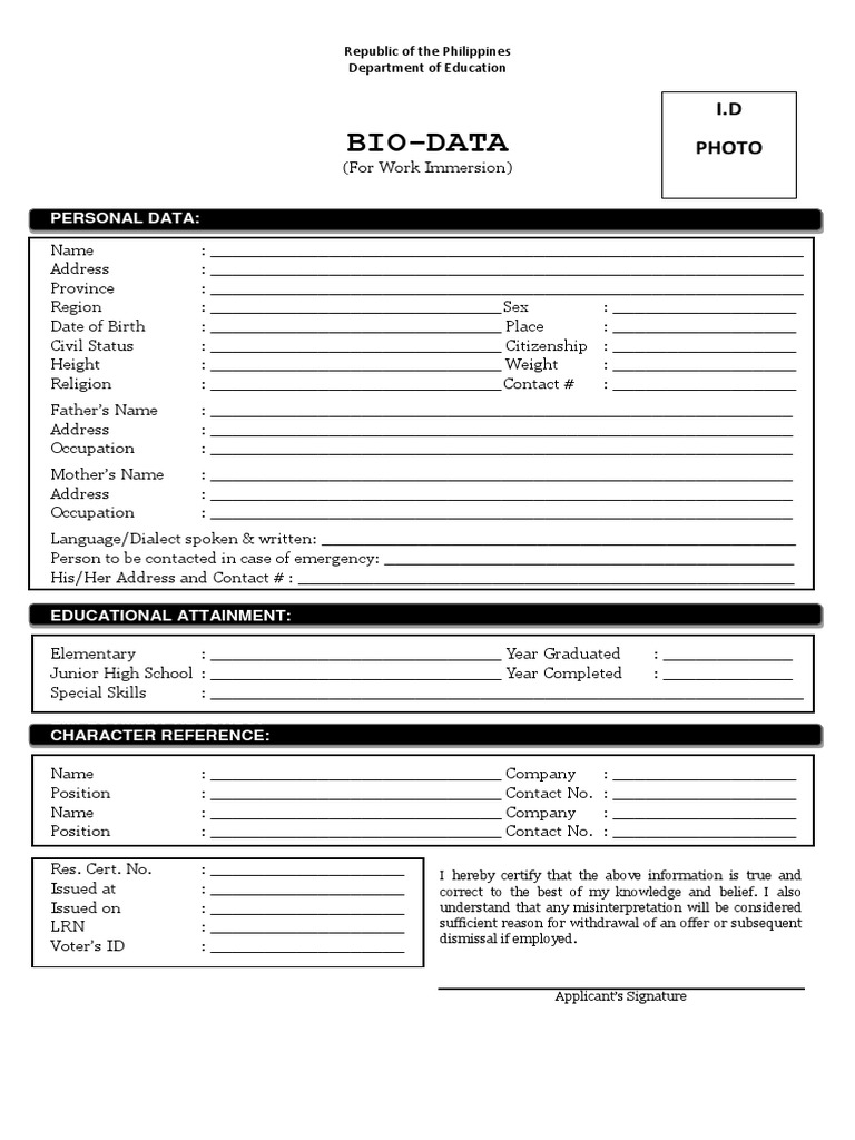 Biodata Form for Work Immersion | PDF | Career & Growth | Business