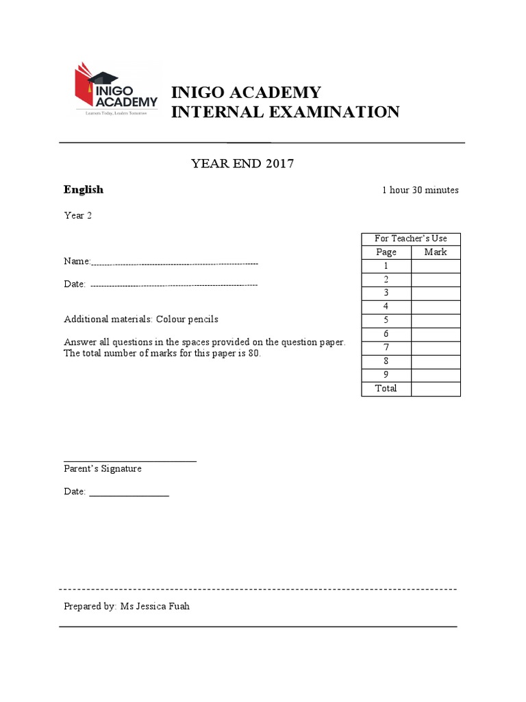 Inigo Academy Internal Examination: Year End 2017 | PDF
