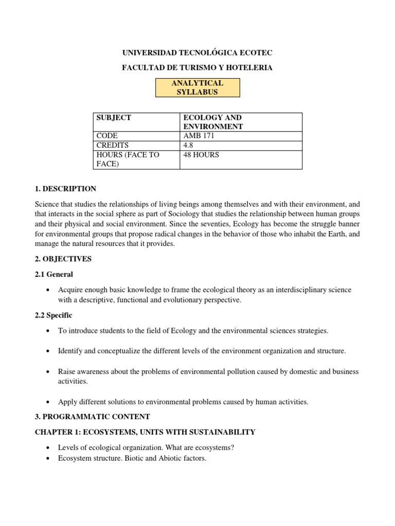 Ecology and Environment Course Syllabus | PDF | Ecology | Aquatic Ecosystem