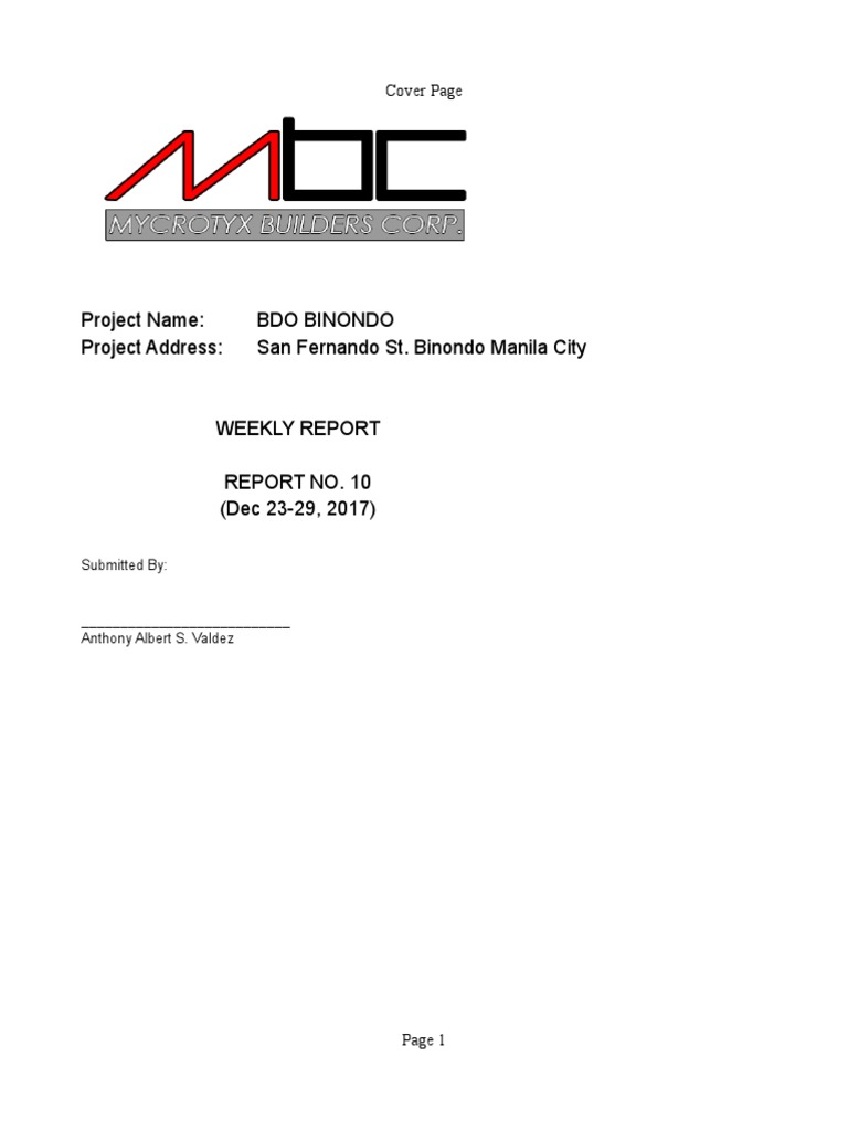 BDO Binondo Weekly Progress Report | PDF | Building Engineering | Building