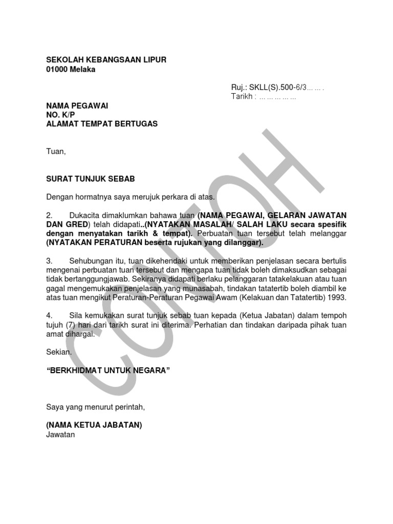 Contoh Surat Tunjuk Sebab Tidak Hadir Bertugas Dari Majikan  Berikut