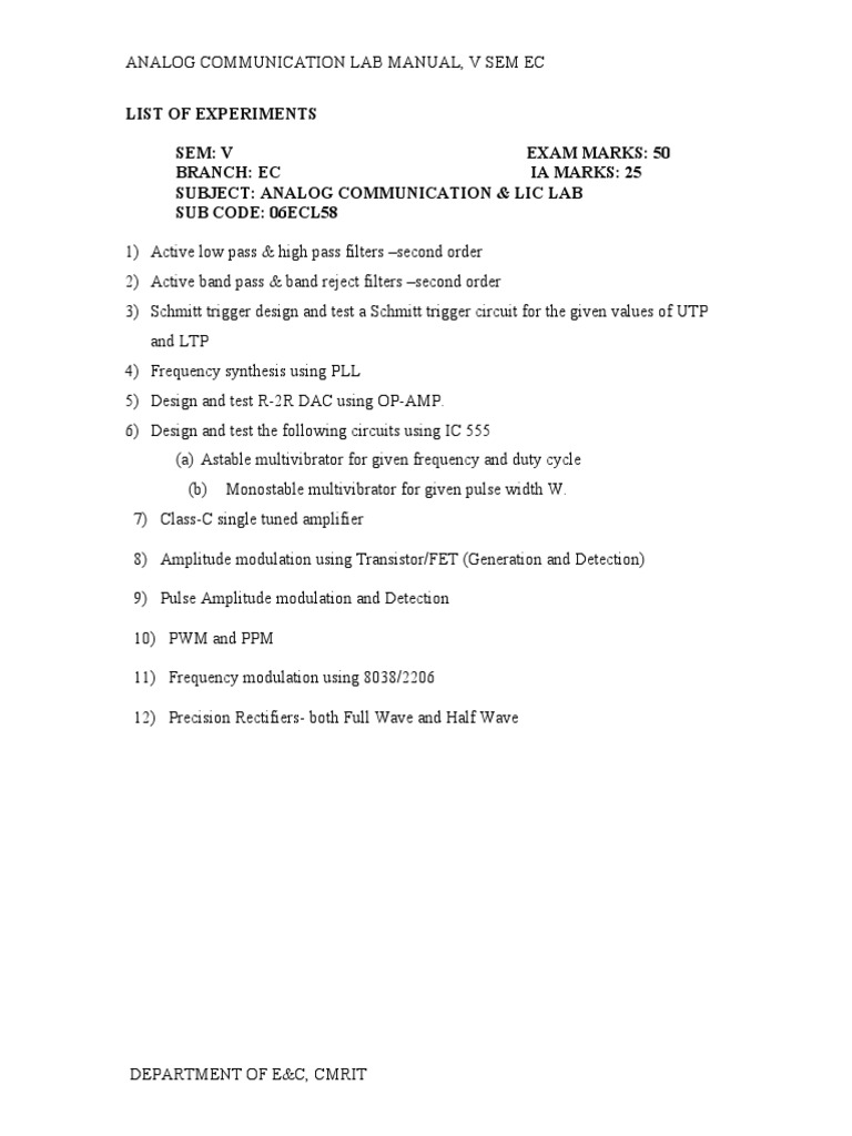 Analog Communication Lab Manual PDF Amplifier Operational Amplifier