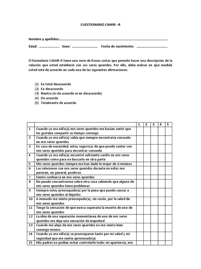 Cuestionario CAMIR-R de Apego | PDF | Familia | Sicología