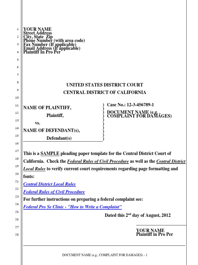 Central District Court Complaint Template | PDF | Pro Se Legal ...