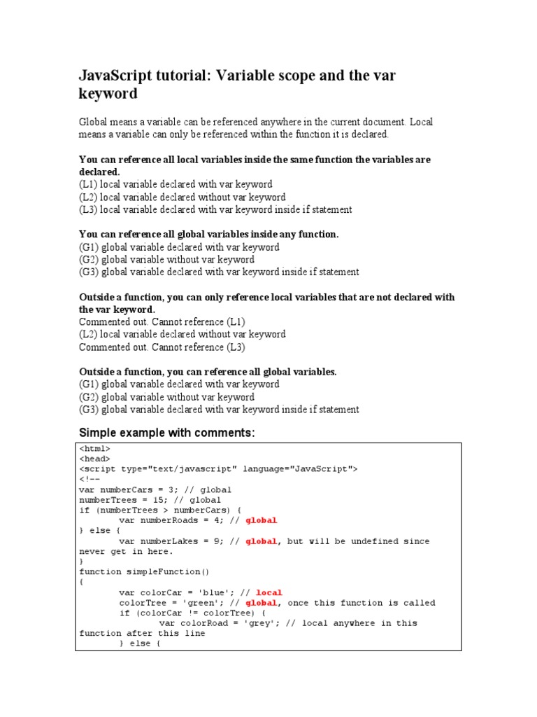 Javascript Tutorial: Variable Scope and The Var Keyword: Simple Example ...