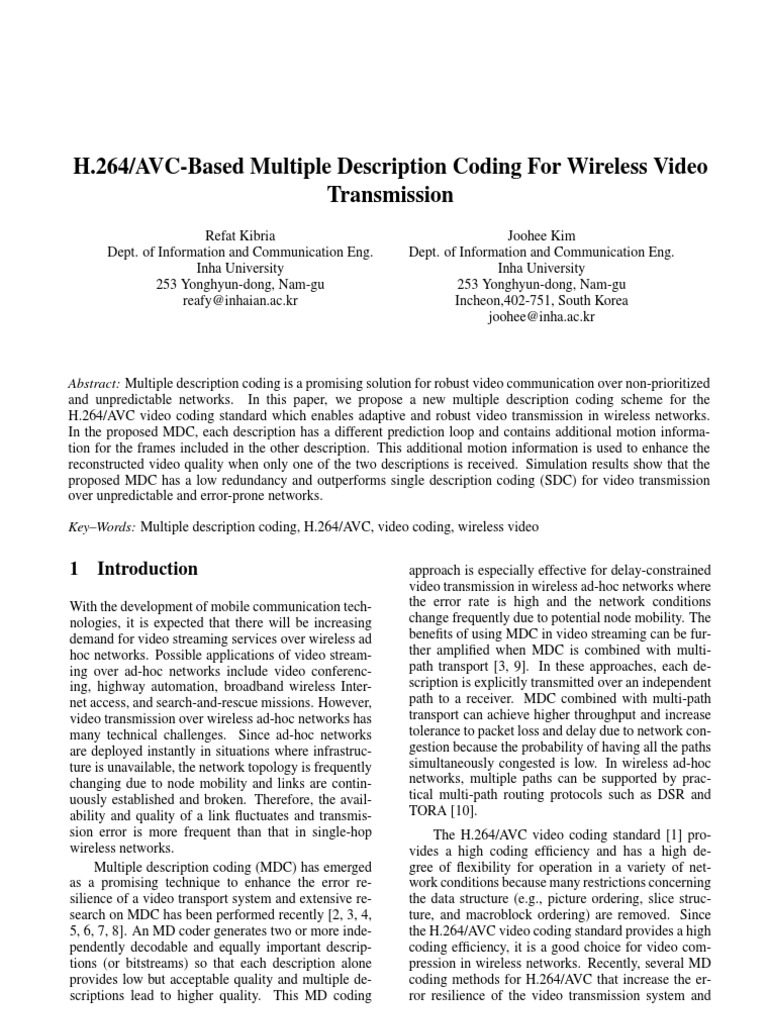H.264/AVC-Based Multiple Description Coding For Wireless Video ...