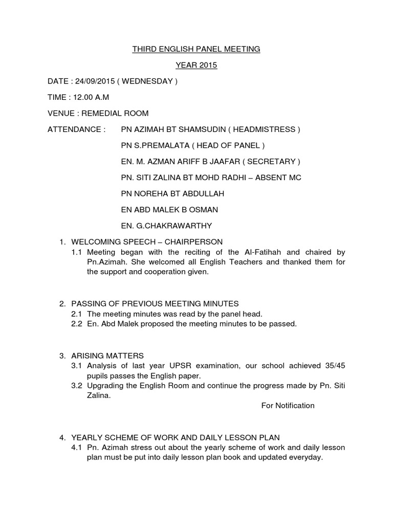 Third English Panel Meeting Minutes | PDF | Educational Technology ...