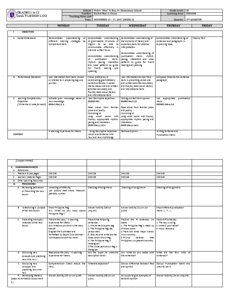 English 3 Weekly Lesson Plan | PDF | Sentence (Linguistics) | Reading ...