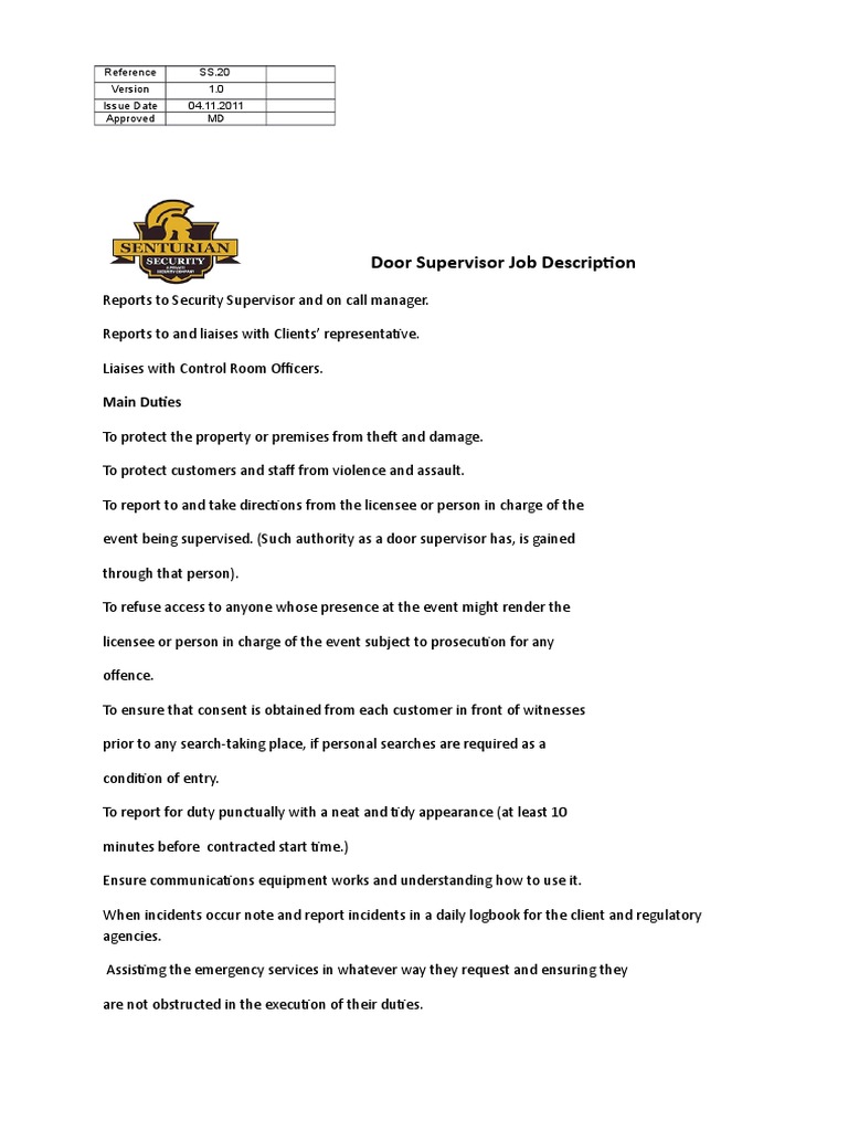 Door Supervisor Job Description PDF Bouncer (Doorman) Reading