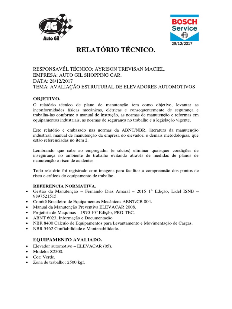 Relatório Técnico Elevador 05 | Óleo de Motor | Lubrificação