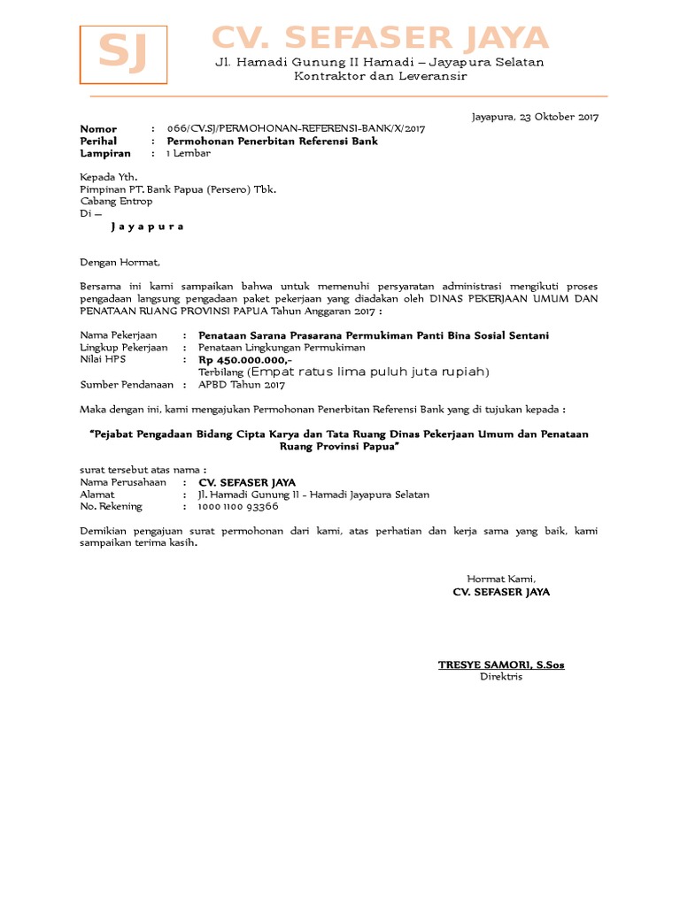 Contoh Surat Permohonan Referansi Bank