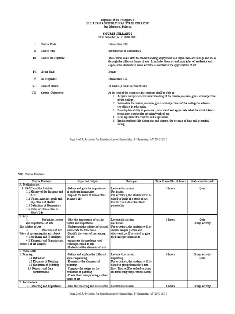 Arts And Humanities Syllabus Pdf