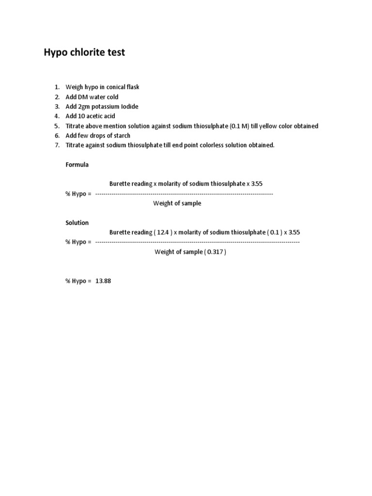 Hypo Chlorite Test: Formula | PDF | Titration | Chemistry
