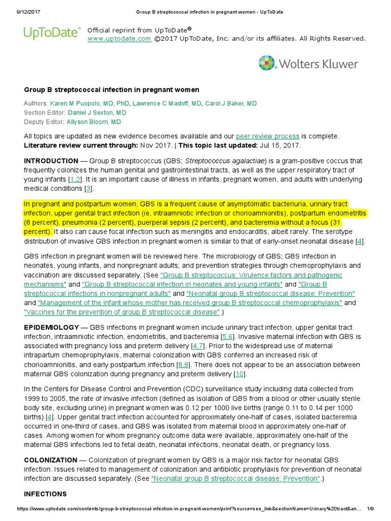 Group B Streptococcal Infection in Pregnant Women UpToDate Urinary