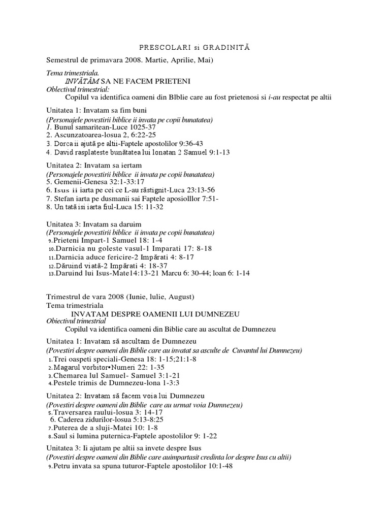 Programa Scoala Duminicala Prescolari Si Gradinita | PDF