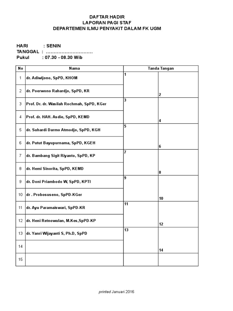 Daftar Hadir Staf FK UGM Januari 2016 | PDF | Science & Mathematics