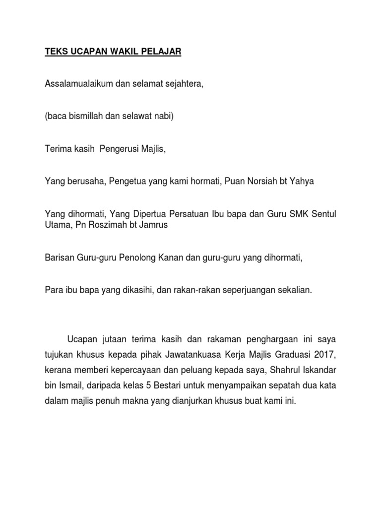 Teks Ucapan Graduasi Ting 5 Pdf
