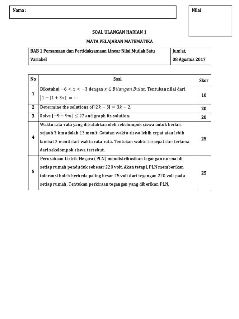 Soal Ulangan Harian 1 Matematika 170818
