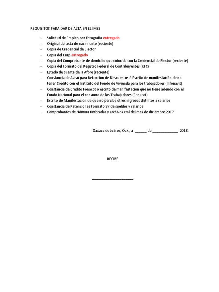 Requisitos para Dar de Alta en El IMSS | PDF