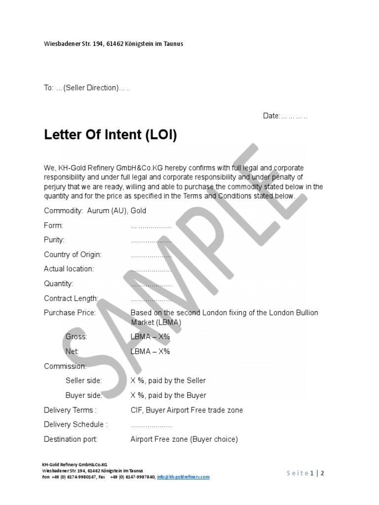 KH-Gold Refinery LOI for Gold Purchase | PDF | Sales | Business Economics